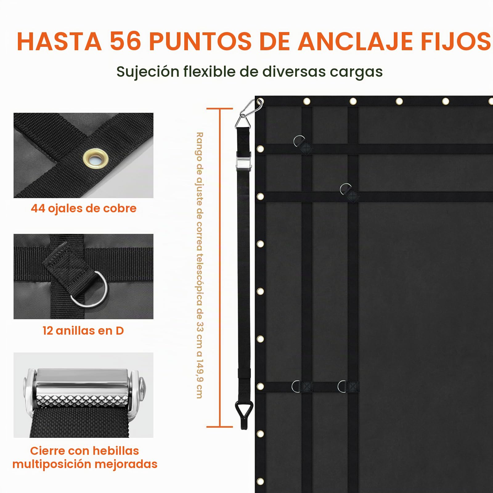 VEVOR Red de Carga de 2440 x 2060 mm Red de Carga Resistente de Carga de 318 kg, 4 Correas Ajustables con Mosquetones y Ganchos Recubiertos de Goma, Red de Transporte para Camiones, Jeeps, Barcos