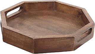 12" Rustic Wooden Serving Tray - Decorative Wood Serving Tray with Handles for Coffee Table, Breakfast in Bed, Food Dinner, Rustic Octagonal Tray (Walnut) - CLEENTABLE