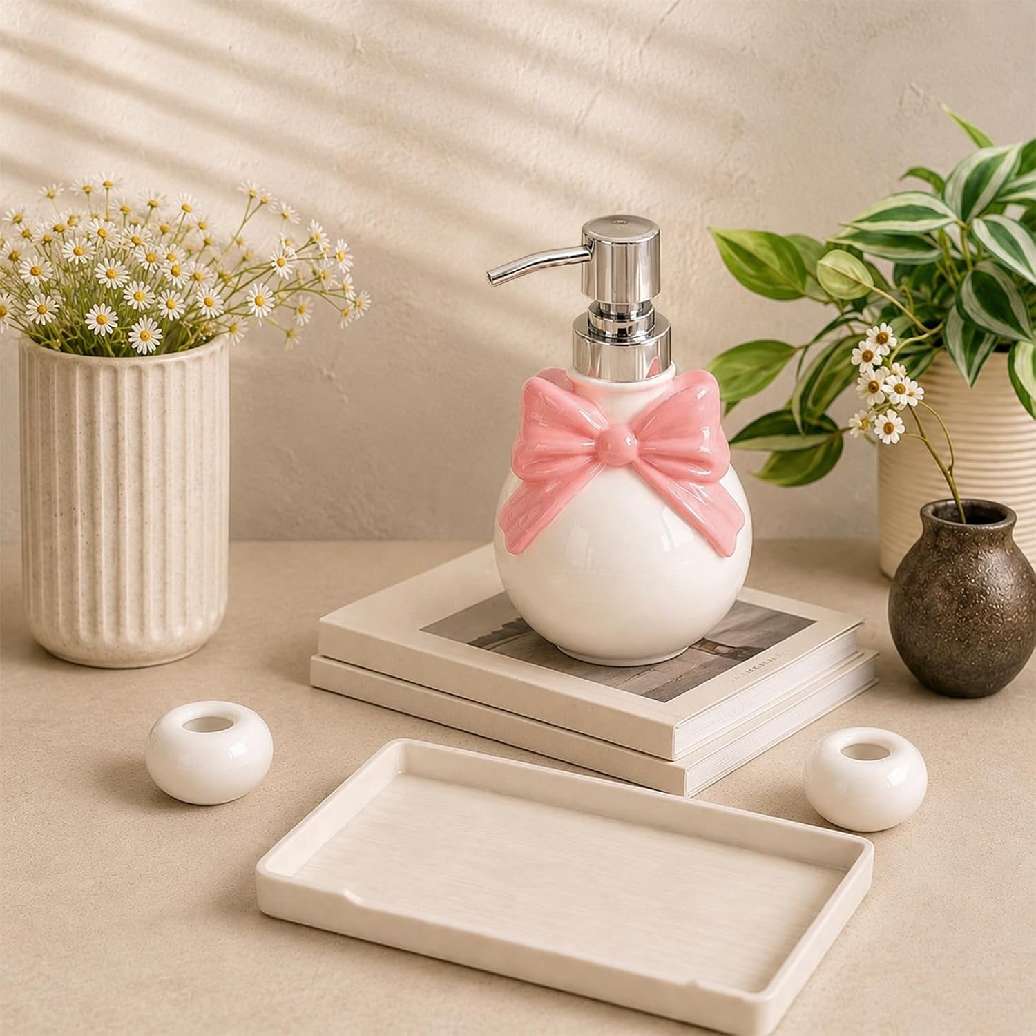 Pink Bathroom Accessories Ceramic Pink Bow Bathroom Set for Bathroom Vanity - Includes Tray, Soap Pump, Toothbrush Holder