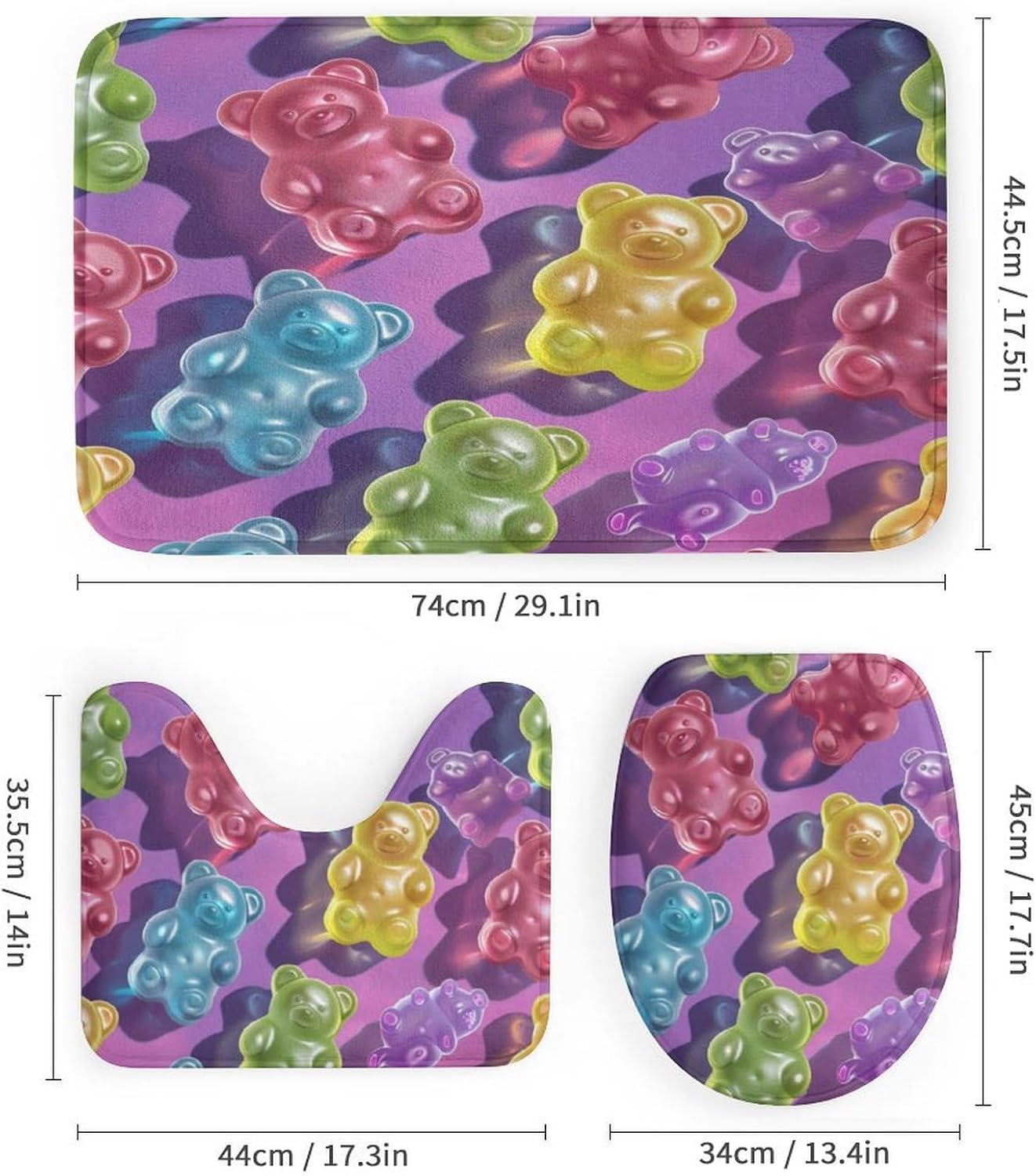 4pcs Gummy Bear Illustration Shower Curtain Set with Rugs, Toilet Lid Cover and Bath Mat, Funny Jelly Candy Bathroom Curtains Decor Shower Curtains, 72" X 72"