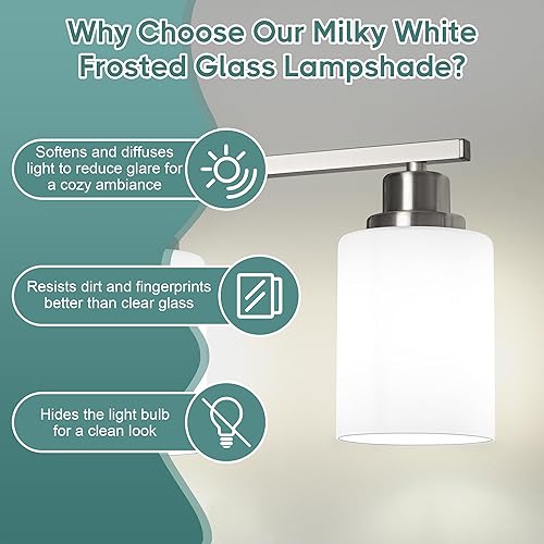 Miniatura 4 de Ascher Lámparas de baño, lámpara de tocador de 4 luces sobre espejo, apliques de pared de níquel cepillado con pantallas de vidrio esmerilado blanco