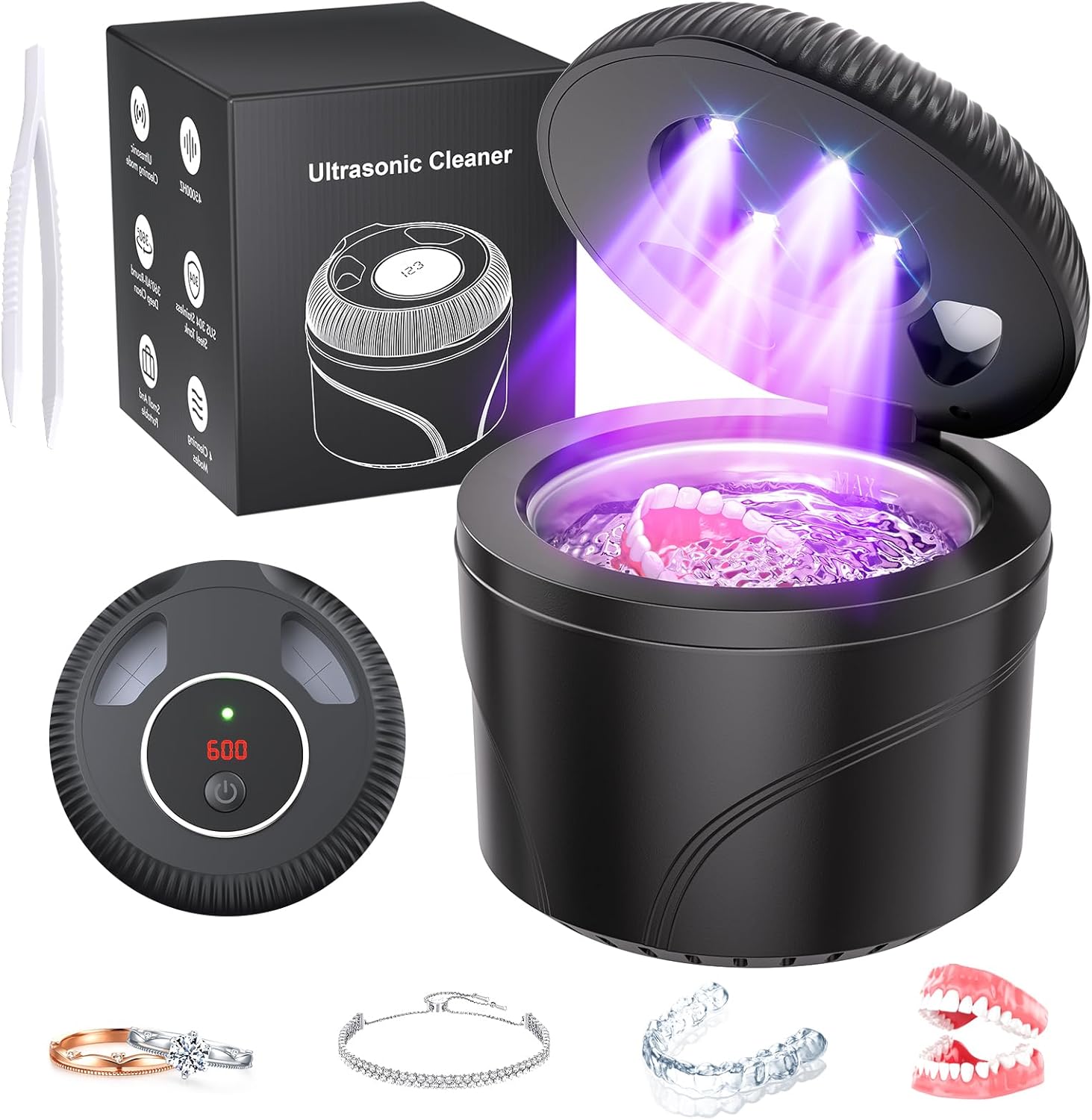 Ultrasonic Retainer Cleaner Machine, 45kHz Dental Cleaning Pod for Dentures, Jewelry, Toothbrush Heads, Mouth Guards, Aligners, Braces, 200ML Denture Cleaner 4 Modes & Digital Timer, Black