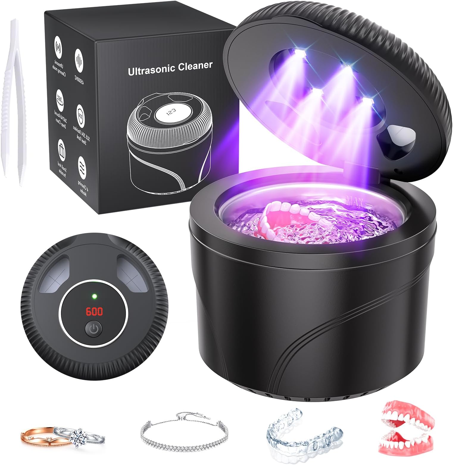 Ultrasonic Retainer Cleaner, 48kHz 30W Retainer Cleaner Machine for Dentures, Night Mouth Guards, Jewelry, Aligner, Braces, Denture Cleaner with Digital Timer, 180ML Capacity, Dual Cleaning Mode