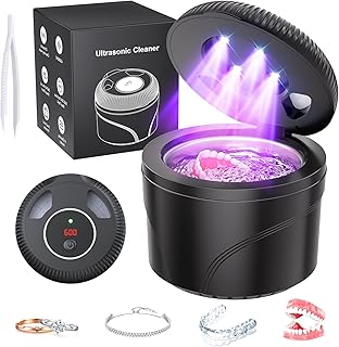 Ultrasonic Retainer Cleaner Machine, 45kHz Dental Cleaning Pod for Dentures, Jewelry, Toothbrush Heads, Mouth Guards, Aligners, Braces, 200ML Denture Cleaner 4 Modes & Digital Timer, Black