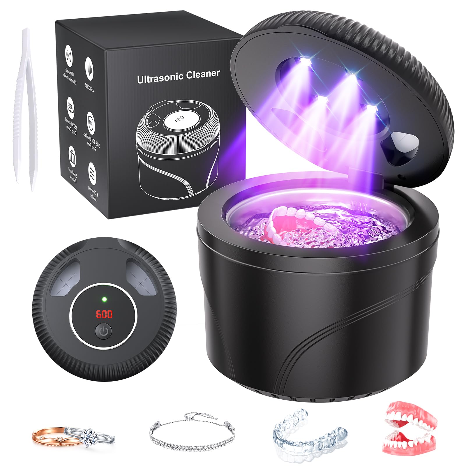 Photo 1 of Ultrasonic Retainer Cleaner Machine, 45kHz Dental Cleaning Pod for Dentures, Jewelry, Toothbrush Heads, Mouth Guards, Aligners, Braces, 200ML Denture Cleaner 4 Modes & Digital Timer, Black