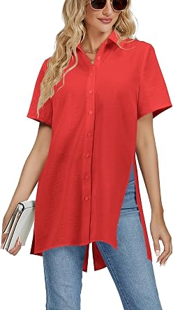 LYANER Womens Collar V Neck Split Hem Button Down Short Sleeve Long Shirt Blouse Tunic Top