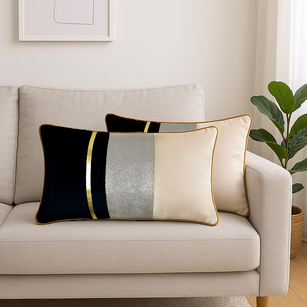 Caption Home Striped Decorative Velvet Cushion Cover Set of 2 (12 x 18 Inches) w/Faux Leather and Jacquard Combination | Stylish & Trendy Design (Black)-image-29