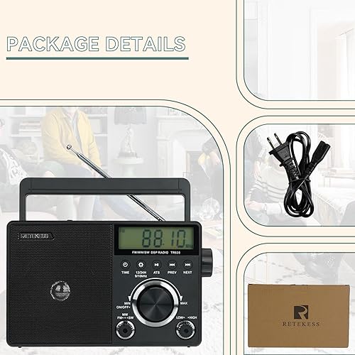 Miniatura 9 de Retekess Radio digital portátil TR635, radios AM FM de onda corta con la mejor recepción, pantalla LCD retroiluminada, reloj, radio a batería o