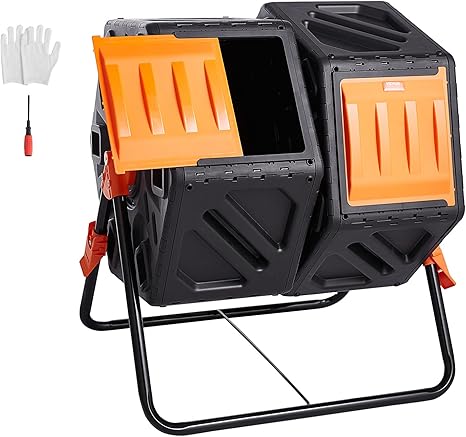 VEVOR Compost Bin, 37-Gal Dual Chamber Composting Tumbler, High Volume Two Rotating Chambers with 2 Sliding Door and Steel Frame, BPA Free Composter Bin Tumbler for Garden, Kitchen, Yard, Outdoor