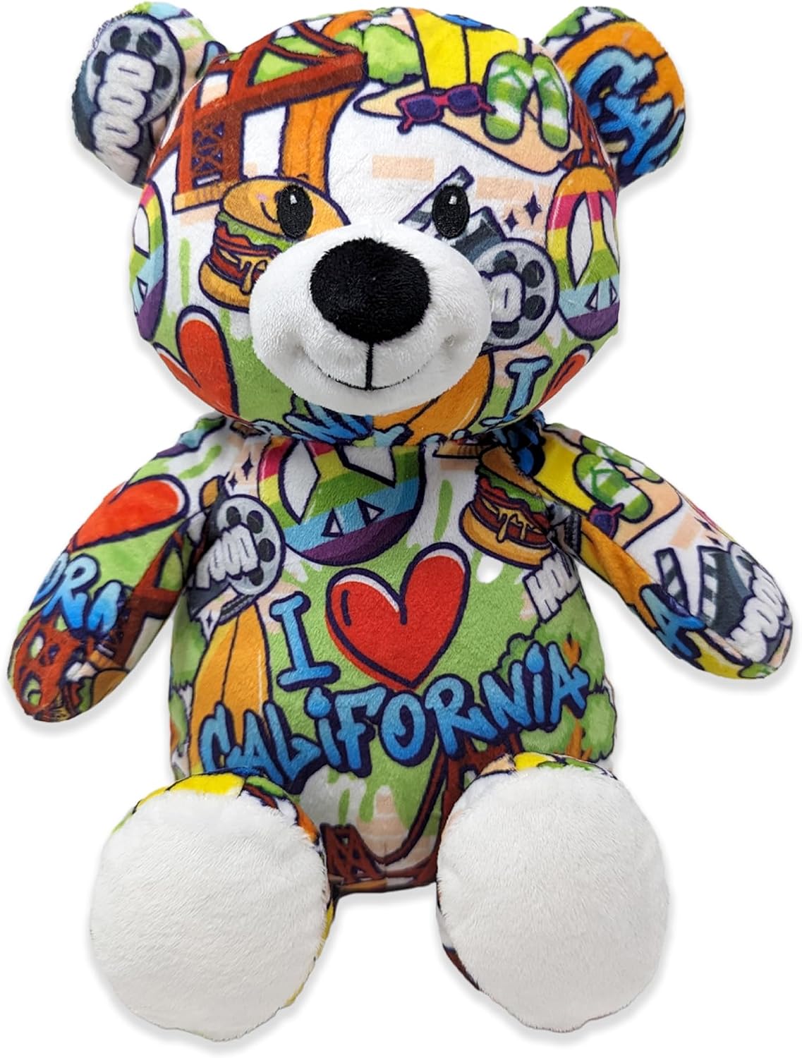 I Love California Graffiti Teddy Bear Eco Friendly Stuffed Animal; Cuddly Soft Velboa Plush Animal for Kids 3 Years Old to Adults; Child-Safe Embroidered Face Details (10" Tall When Seated)