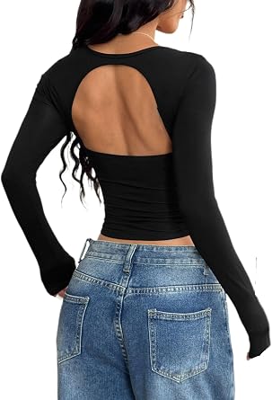 Halfword Womens Backless Going Out Tops Sexy Square Neck Open Back Long Sleeve Slim Fit Basic Y2k Crop Top