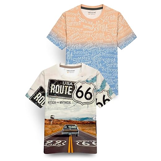HELLCAT Trendy Front & Back Graphic Printed Cotton Blend Half Sleeve Premium Round Neck Tshirt for Boys - Pack of 2