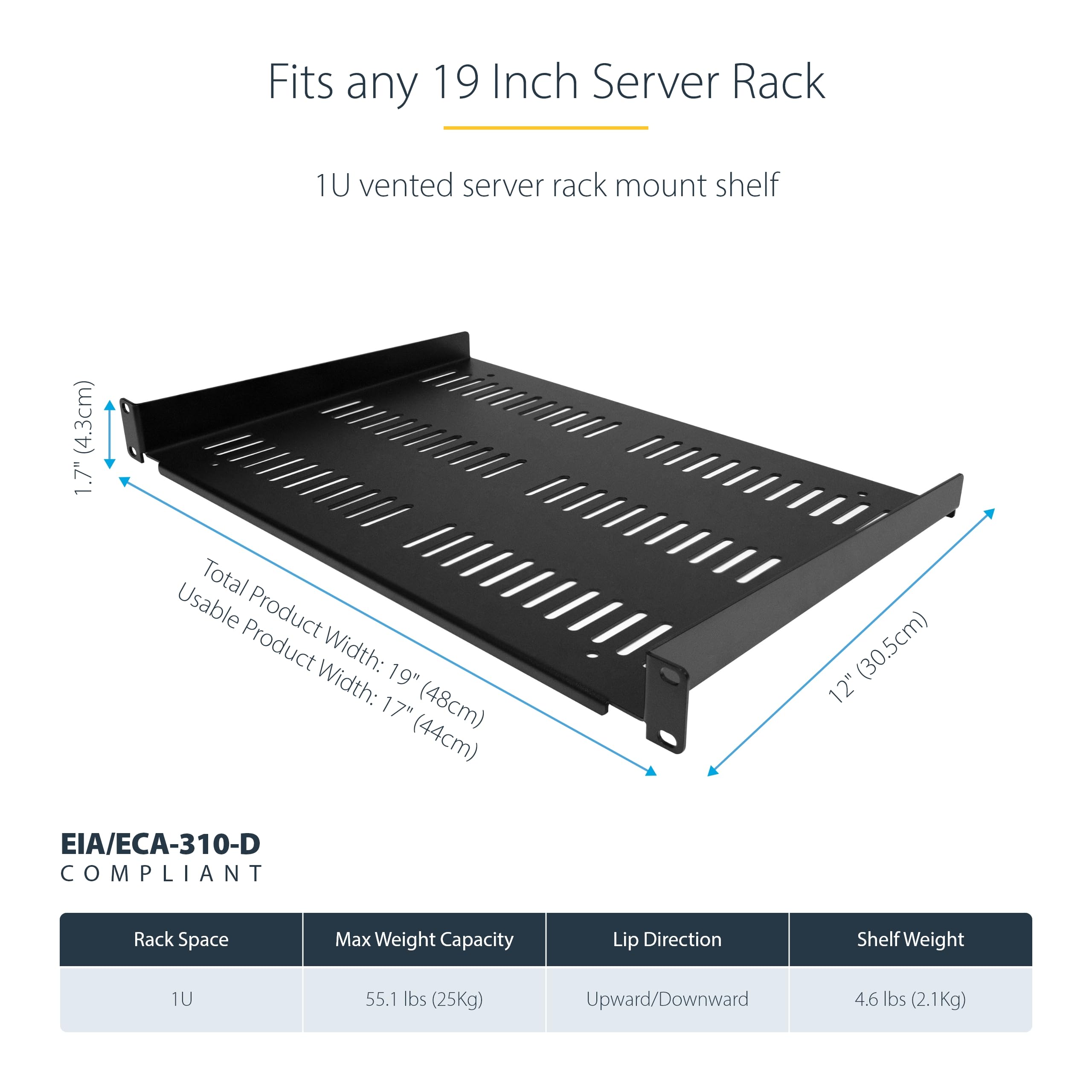StarTech Mensola Rack 1U Ventilata 30cm, Portata 25kg (SHELF-1U-12-FIXED-V) | Universale per Apparecchiature di Rete, Montaggio su Rack, Vassoio a Sbalzo