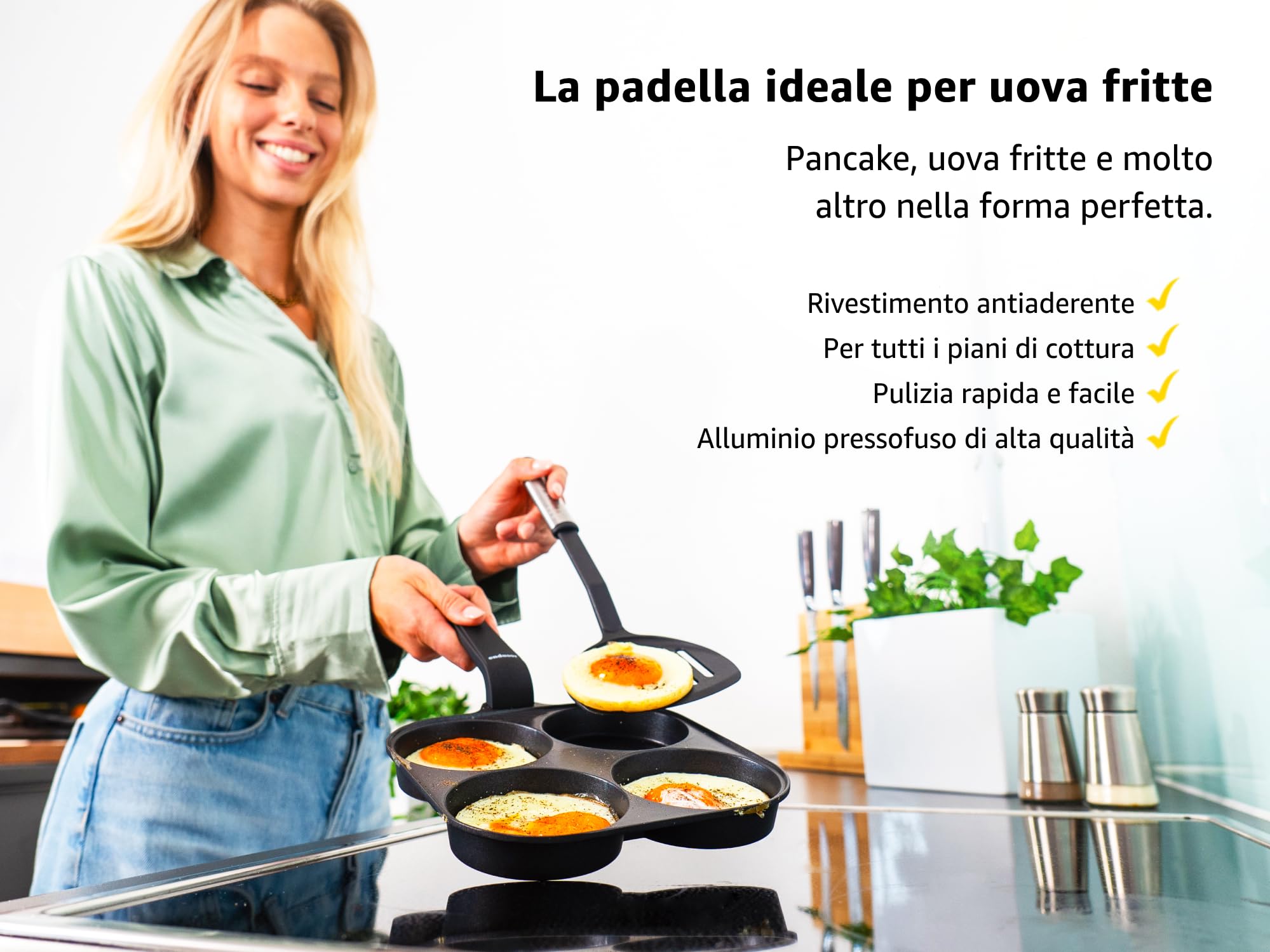 endusor Padella pancake e uova fritte - 21cm padella per pancake antiaderente con coperchio | Per Fornelli a Induzione Gas Ceramica Elettrici Alogeni| Piastra a 4 stampi per Pancakes Uova Fritte
