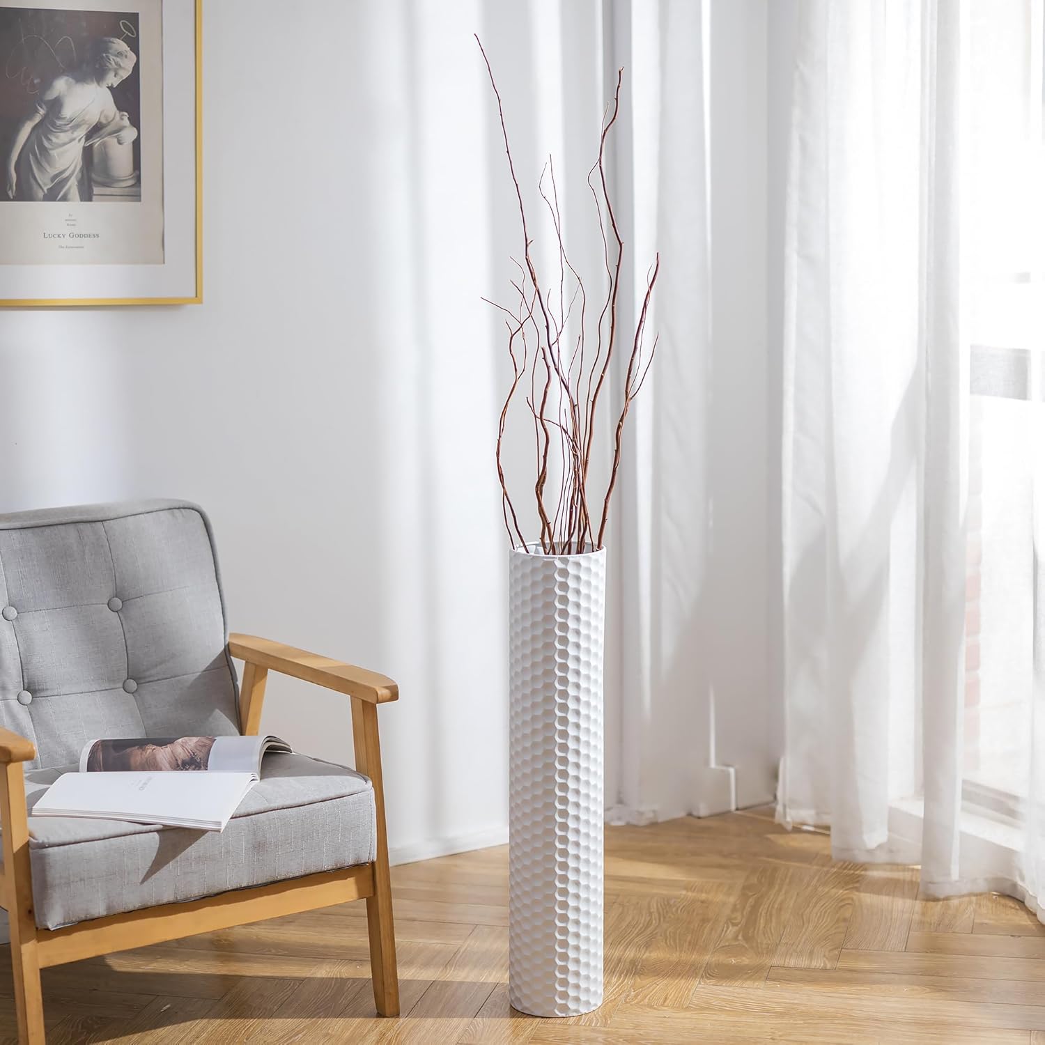 Sziqiqi White Tall Floor Vase: 27.6in Metal Modern Cylinder Floor Vases for Fireplace with Honeycomb Texture - Set of 2 Large Decorative Vase Home Decor for Living Room Bedroom Home Corner Indoor - Image 7