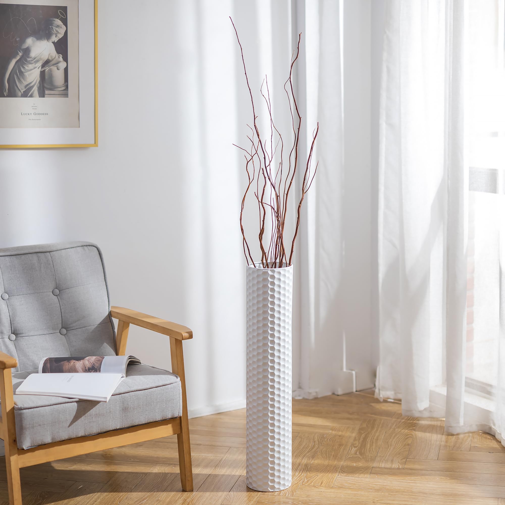 Sziqiqi Weiß Bodenvase Groß 70cm: Hoch Vasen Set aus 2 für Trockenblumen Pampasgras Kunstblumen - Metall Große Bodenvasen für Boden Kaminofen Sideboard Kommode Hauseingang Innen Home Deko | 70,1 cm extra großer Bodenständer mit Wabenstruktur, groß stehend
