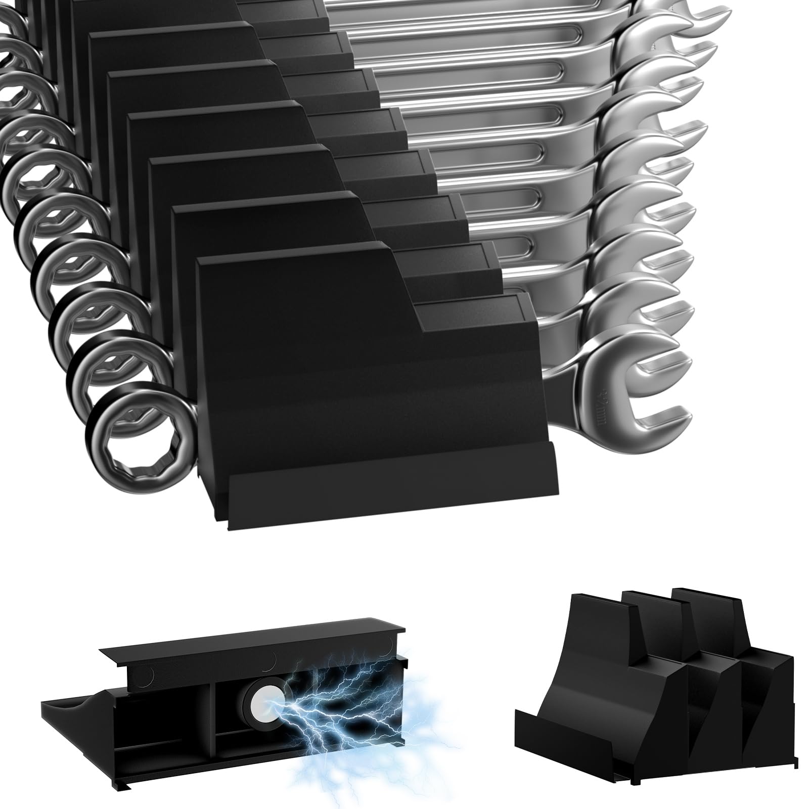 20PCS Wrench Organizer Modular with Label, Magnetic Wrench Organizer for Tool Box Drawer, (Black with Box)