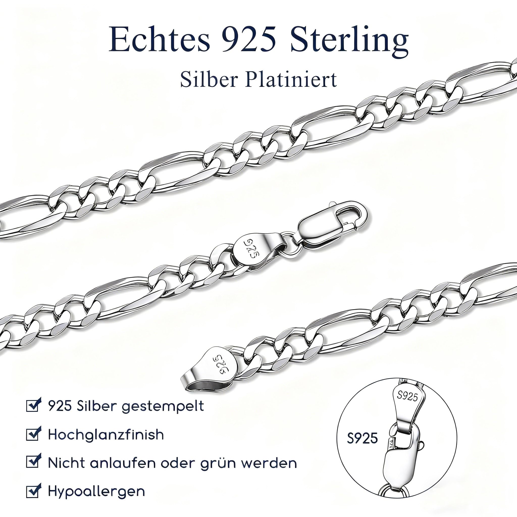 Suplight Panzerkette Herren 925 Silber Figorokette, 3/5mm Breit, 36/46/51/56/61/66/71cm lang