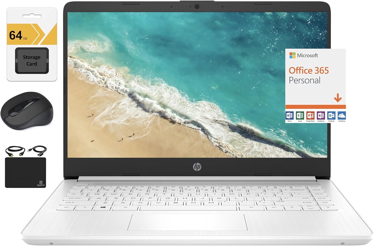 Portátil ultraligero HP 2023 más reciente de 14" HD, procesador Intel Celeron de cuatro núcleos, 4 GB de RAM, 128 GB (64 GB eMMC+ 64 GB SD), Wi-Fi, hasta 11 horas, Windows 11 S + 1 año Office 365+HubxcelAccessory, blanco