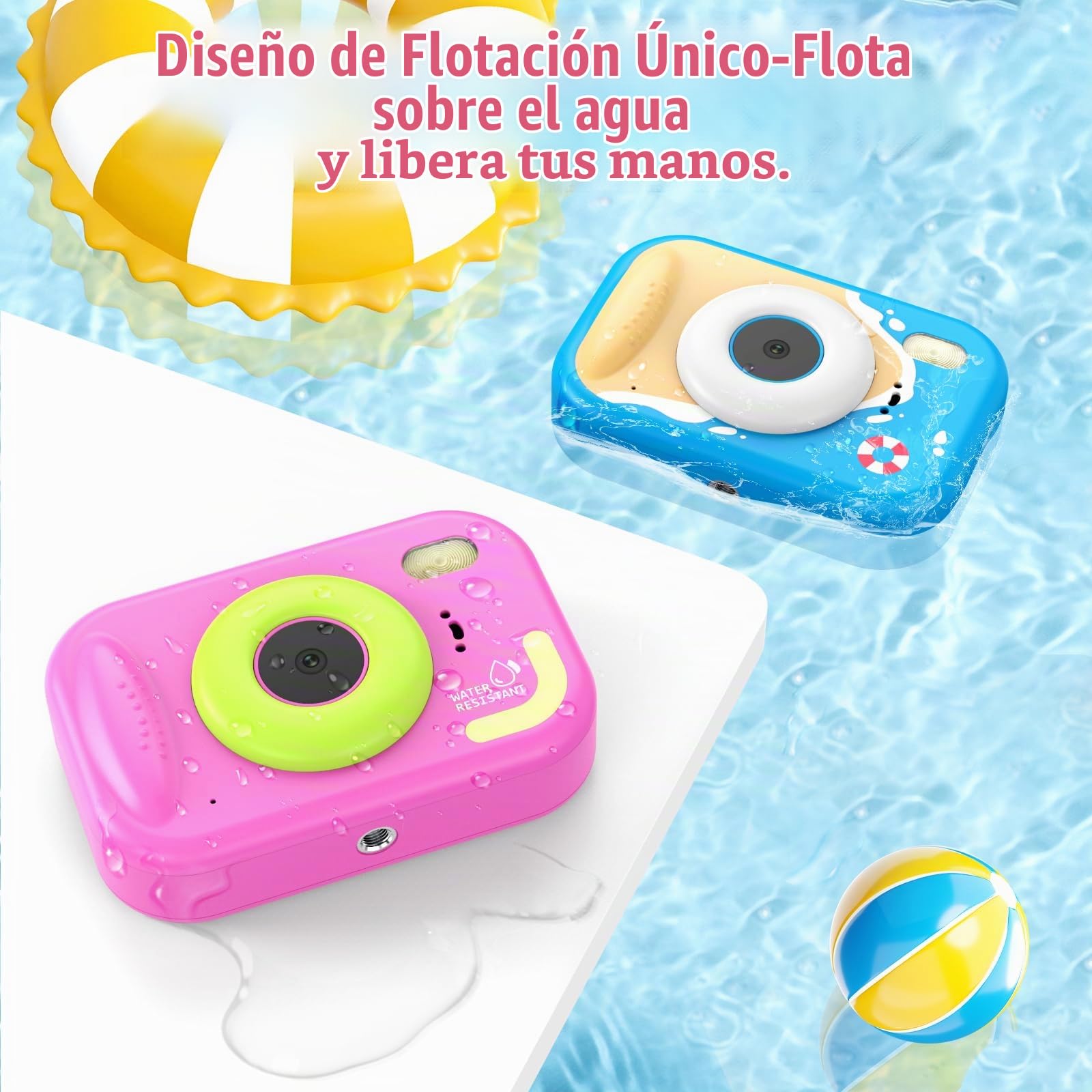 CHAKEYAKE Camara Acuatica Infantil, 1080P IP67 Cámara Fotos Impermeable con Tarjeta 32GB, Pantalla de 2.4'', Zoom Digital 10X, Juguete para Piscina y Playa, Regalo para Niños Niñas de 3–12 Años