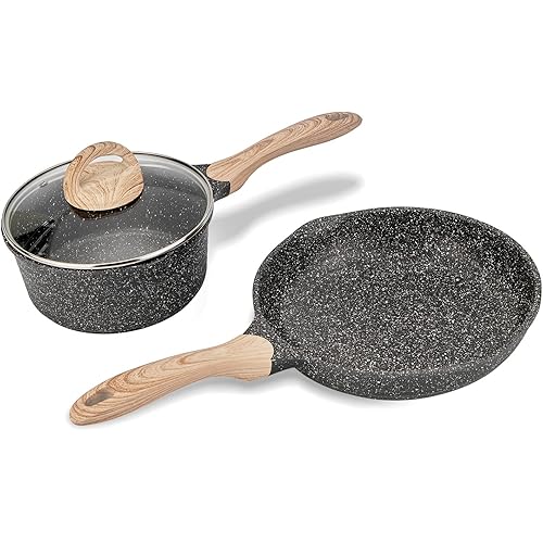 JEETEE Nonstick Pots and Pans Set, Induction Granite Coating Pots with 9.5 Inch Frying Pan & 2.5 Quart Saucepan with Lid, PFOA Free (Grey, 3pcs Cookware Sets)