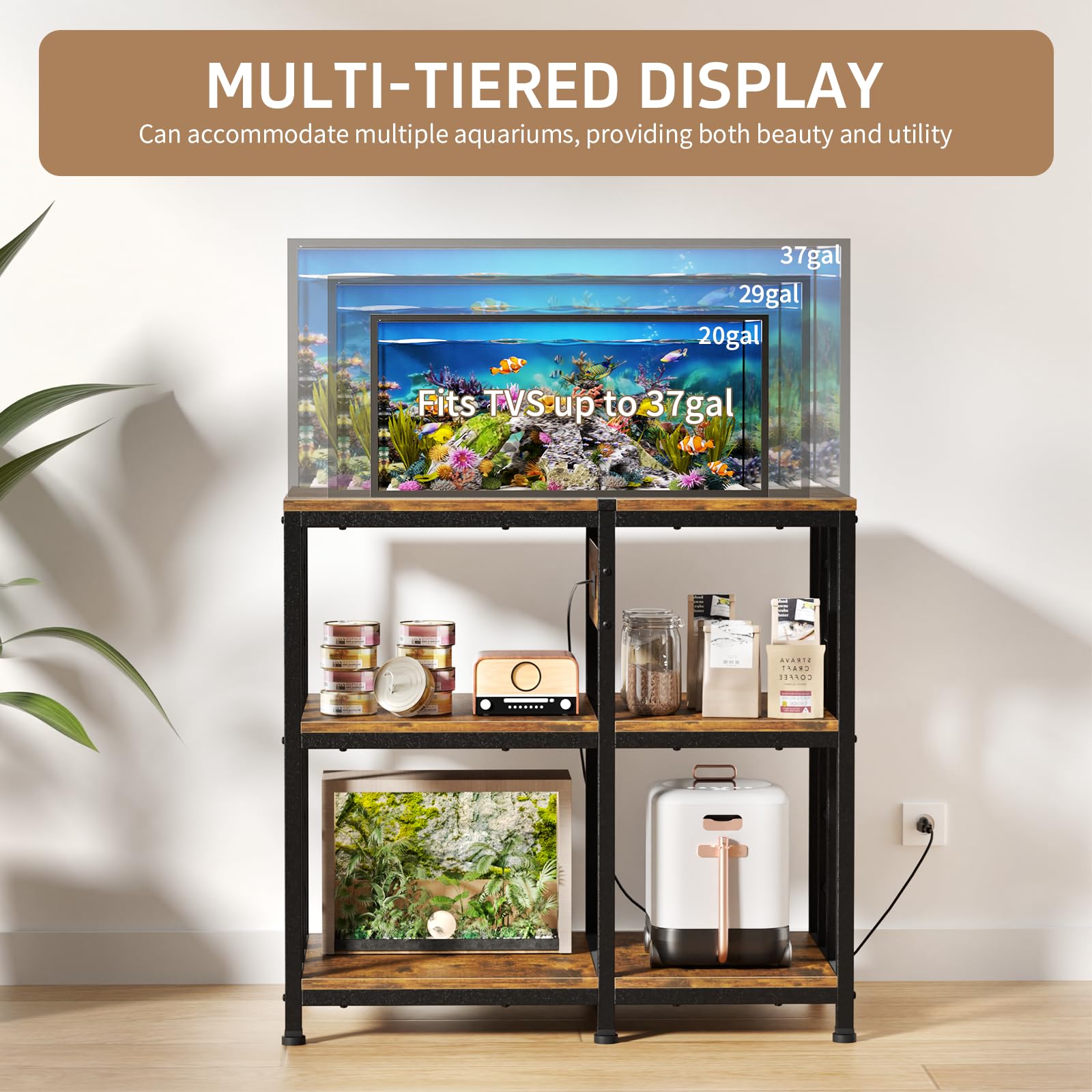 Supporto per acquario da 20 a 29 galloni con ciabatta di prese, supporto metallico a 3 livelli per acquario, 80 cm di lunghezza x 41,9 cm di larghezza, per acquari lunghi 90 litri, capacità 180