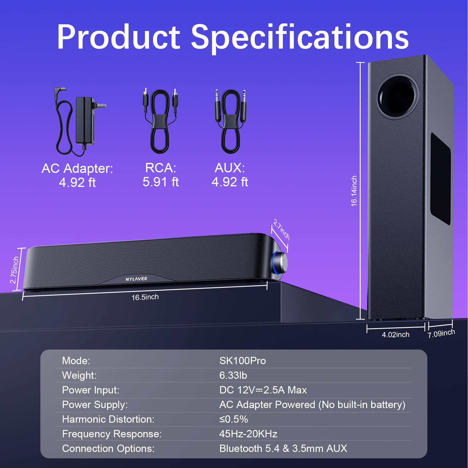 Nylavee Głośniki komputerowe z subwooferem, system głośników 2.1 PC z Bluetooth 5,4 i 3,5 mm Aux-in, moc szczytowa 60 W, zasilacz sieciowy do komputera stacjonarnego, laptopa, monitora, gier