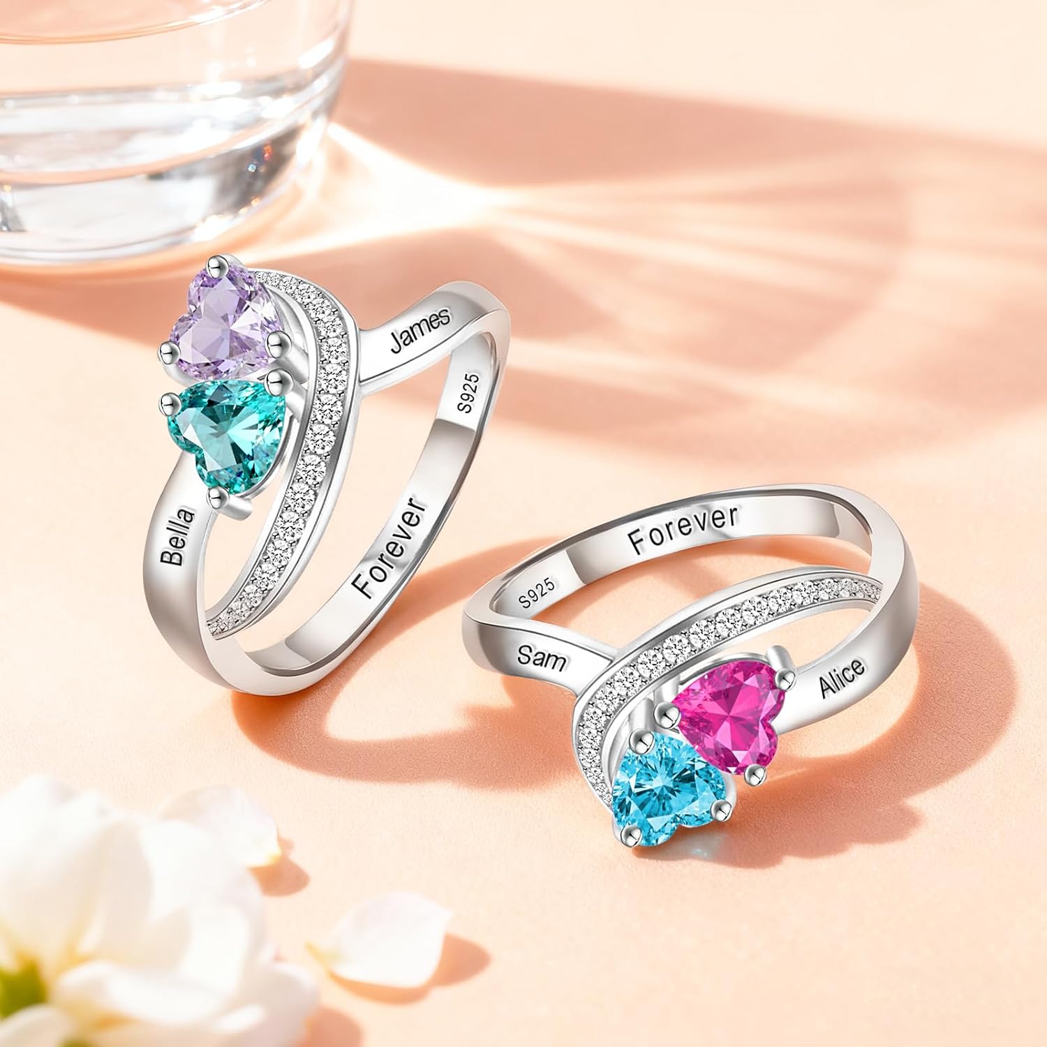 Personalized Birthstone Rings for Women, Custom Mother's Day Ring with 2 Birthstones, Mother-Daughter Promise Ring, BFF Jewelry for Christmas, Anniversary & Friendship