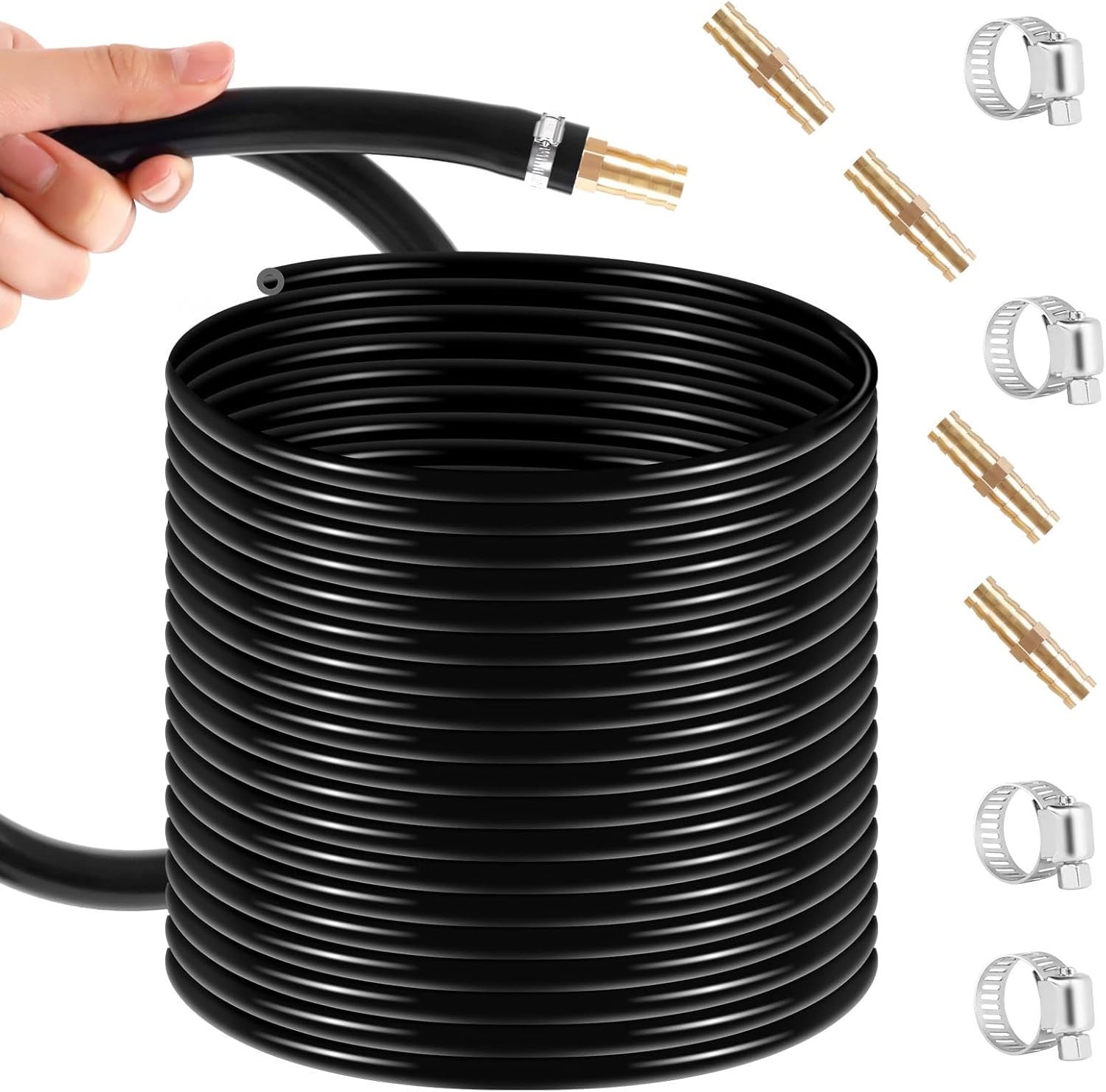 Self Sinking Aeration Hose,Inside 3/8 Outside 9/16 inch 656 Ft Weighted Pond Aeration Tubing with 4 Stainless Steel Hose Clamps and 4 Copper Menders Copper hose