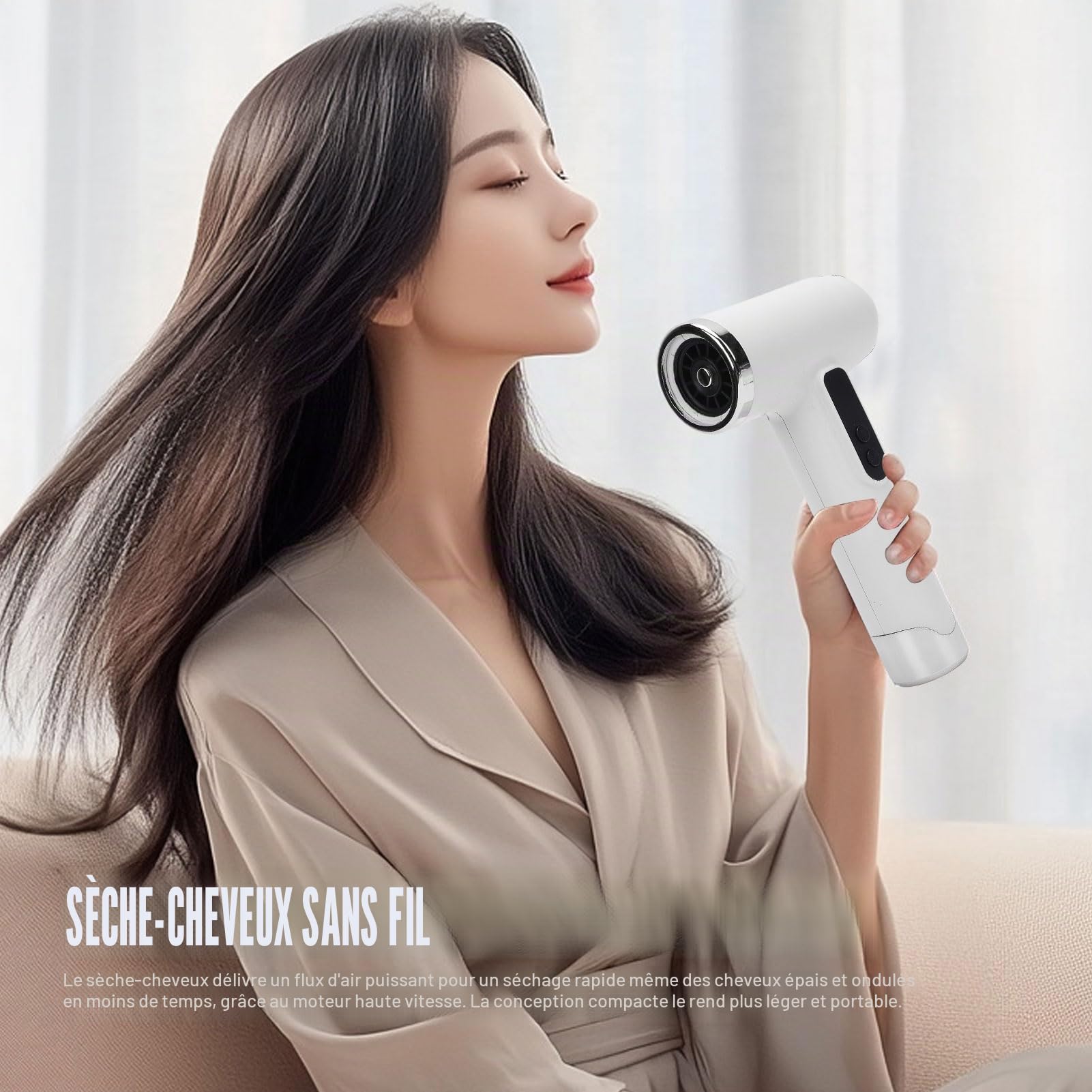 Sèche-Cheveux Sans Fil, Petit Seche Cheveux, 3 Températures, avec Buse et écran Numérique, 100000RPM 15000Mah Batterie Rechargeable USB, pour le Voyage en Dortoir (Blanc)