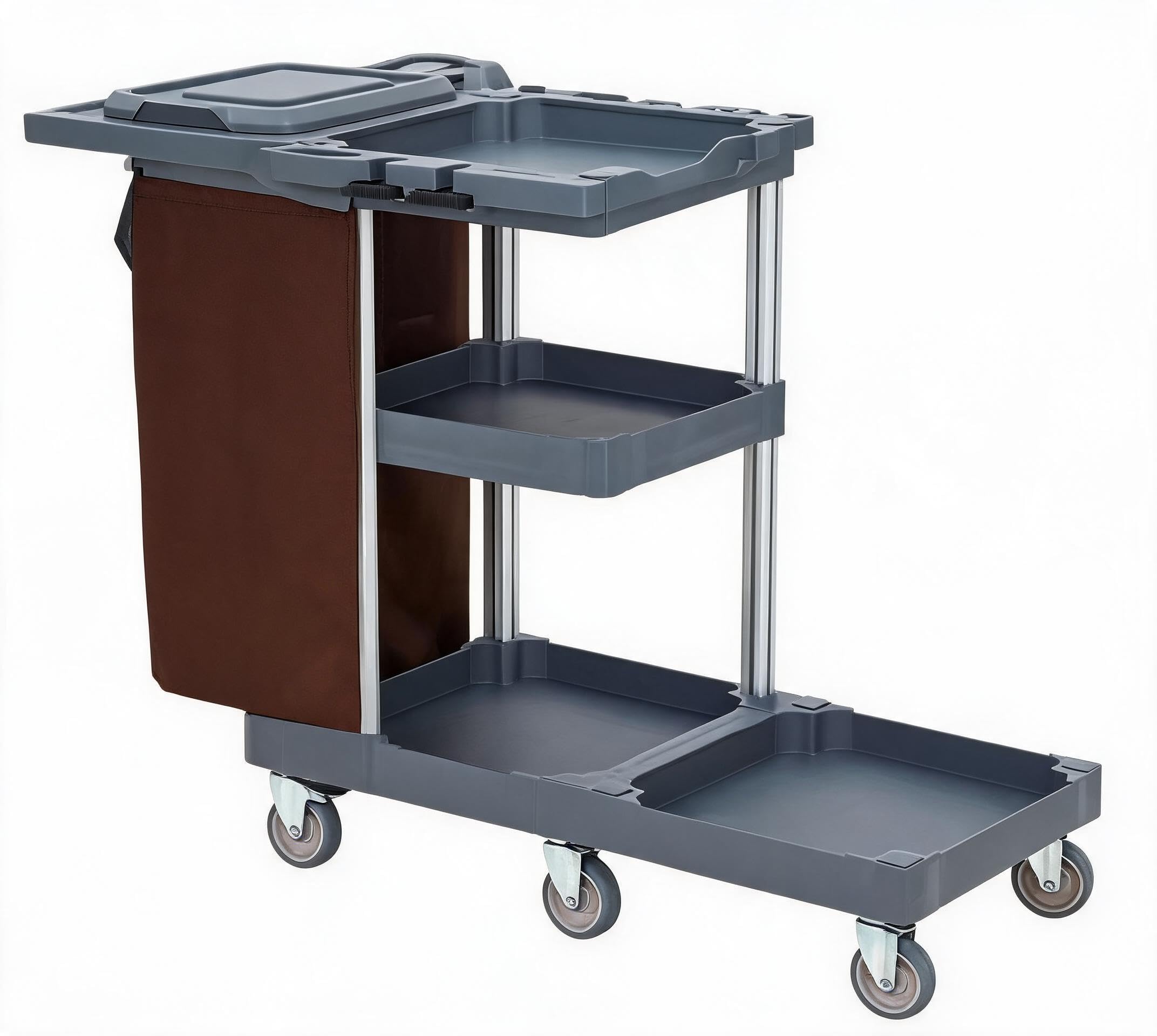 Gewerblicher Reinigungswagen auf Rollen - 6 Lenkrollen, Abdeckung & Vliesbeutel, bis 136 kg, 3 Ablagen, 95 x 49 x 22 cm - Farbe: Germany