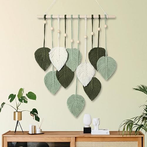 MIPON Macrame Wall Hanging Leaves Decor,Boho Handmade Woven Leaf Tassels