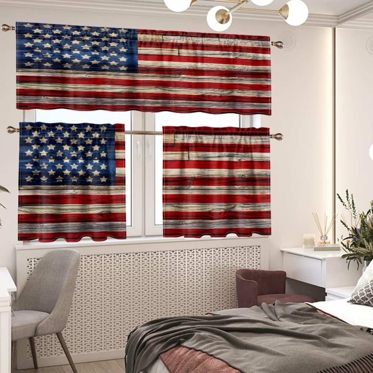 Rustic American Flag Kitchen Valance & Tier Curtain Retro Independence Day Rod Pocket Bedroom Dining Room Cafe Office Living Room 54 x 18 inches + 27 x 35.8 inches *2