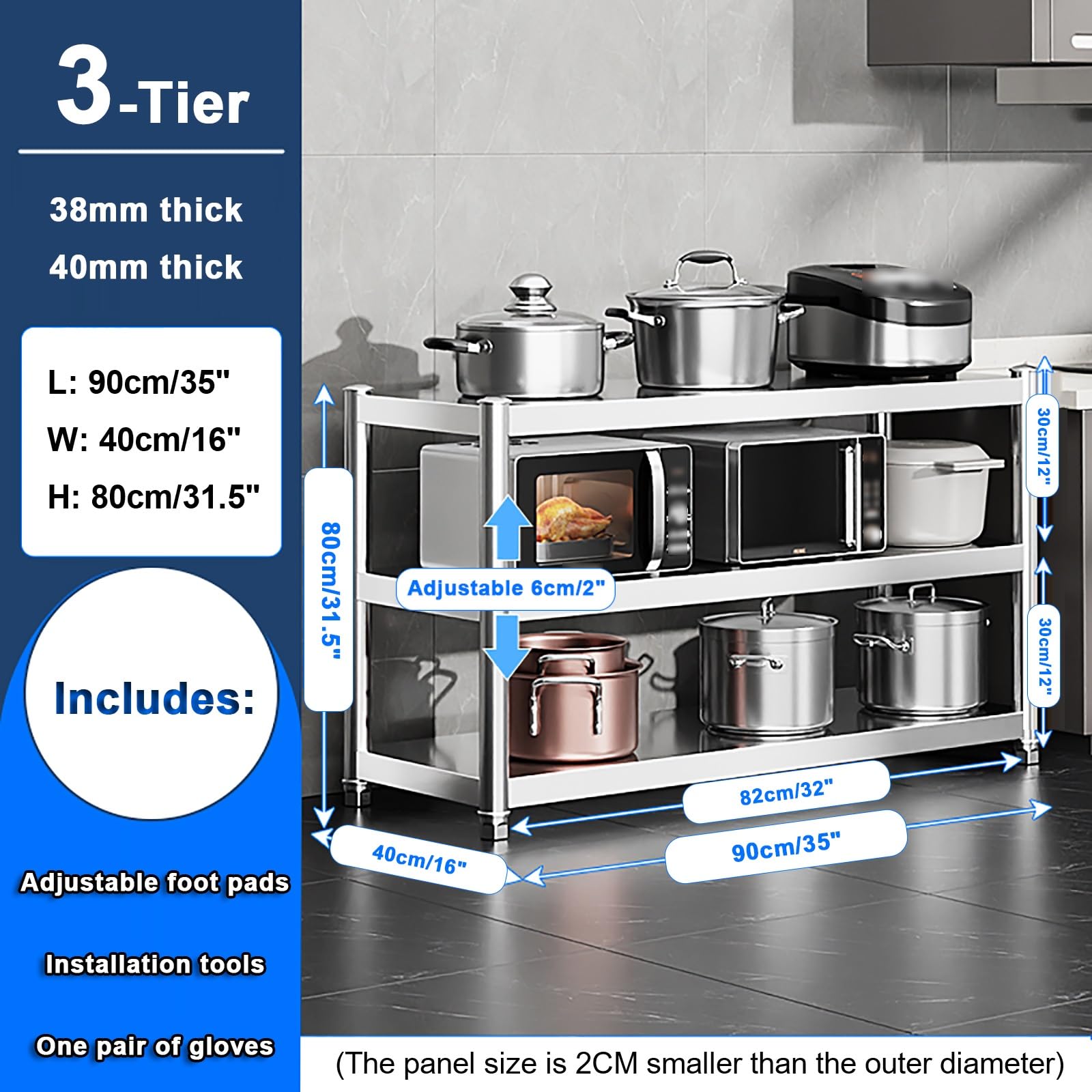 Mesa de preparación de cocina de acero inoxidable de 3 niveles con estante de almacenamiento, mesa auxiliar para horno microondas para comedor y cocina (90 x 40 x 90 cm)