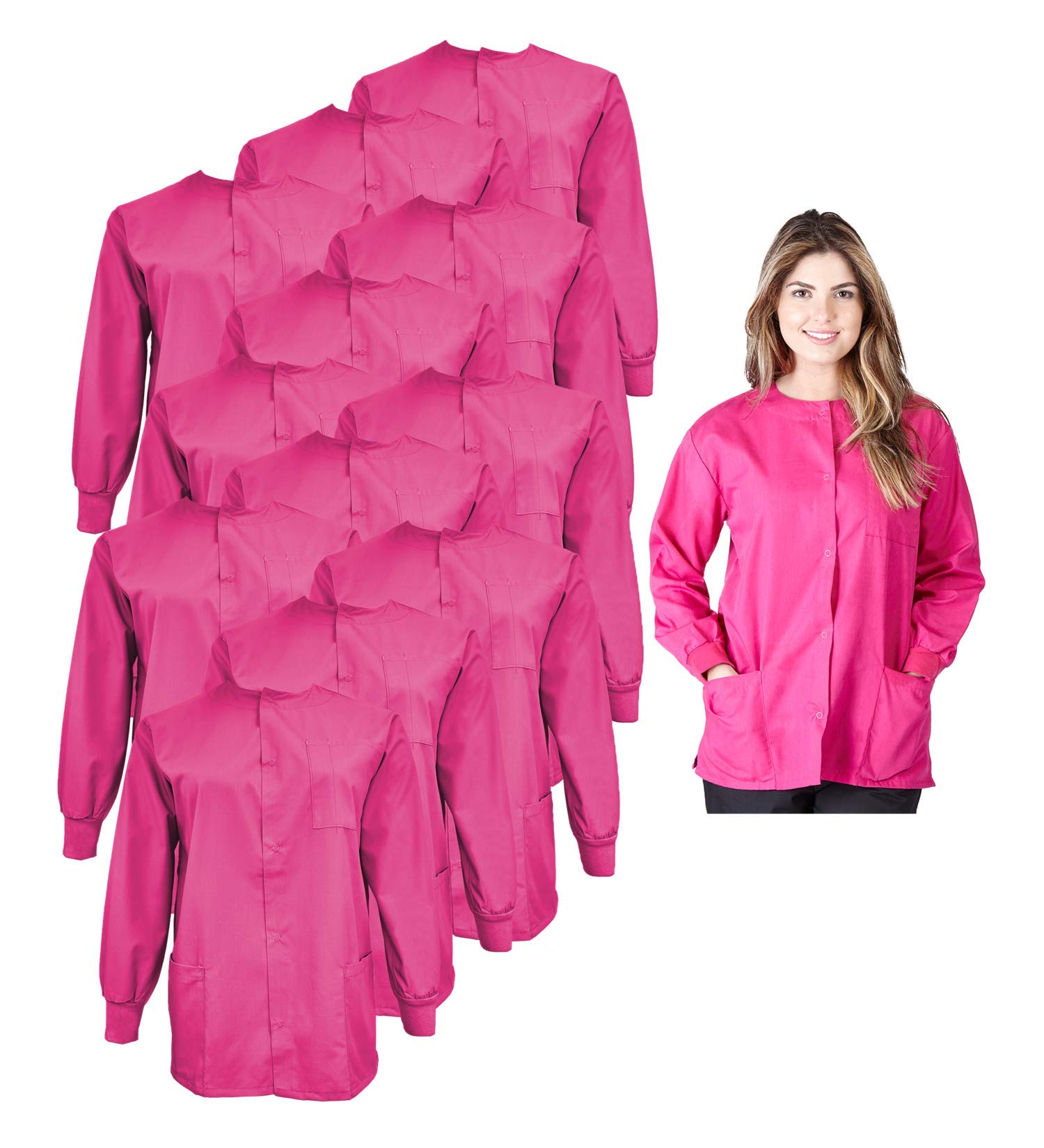 Natural Uniforms Women's Scrub Warm Up Jacket Pack of 12 Set (Small, Hot Pink)