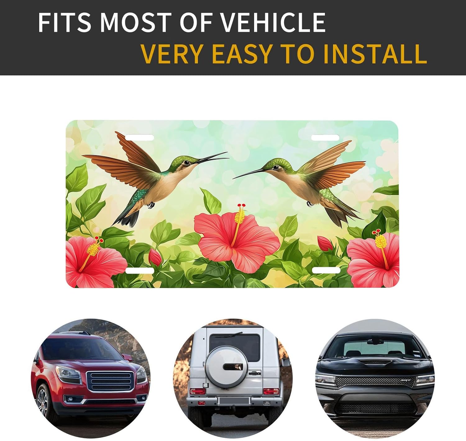 Hummingbirds Front License Plate for Women Hibiscus Tropical Garden Floral Summer Car Vanity Plates Decorative Aluminum Metal Cute Novelty License Plate Cover for Men 6x12 Inch (4 Holes)