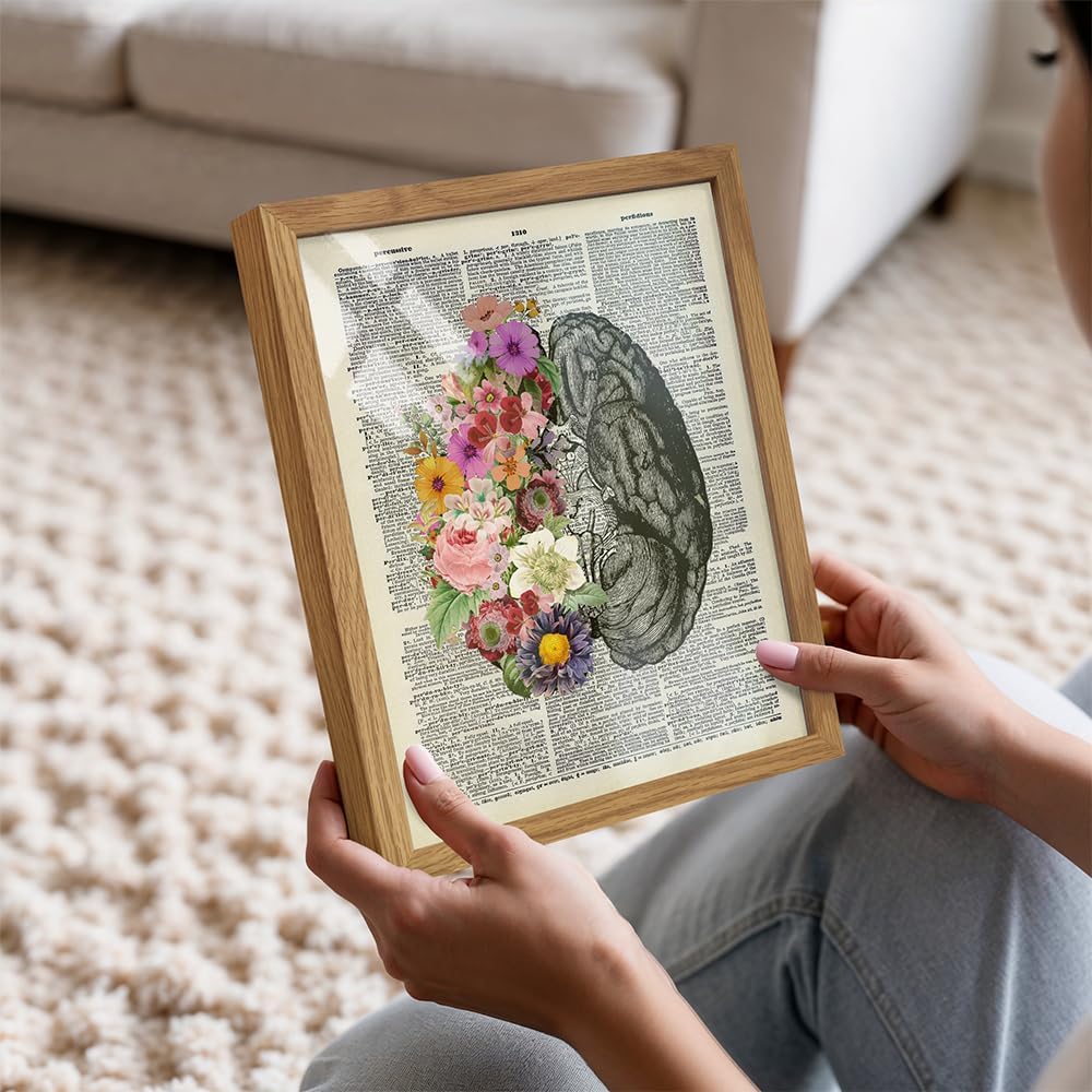 Flower Brain Dictionary Art Print FRAMED - Vintage Upcycled Wall Art Poster - chic Modern Home Decor for Bedroom, Bathroom, Living Room - A Great Gift for Women and Steampunk Fans - 8x10 Photo