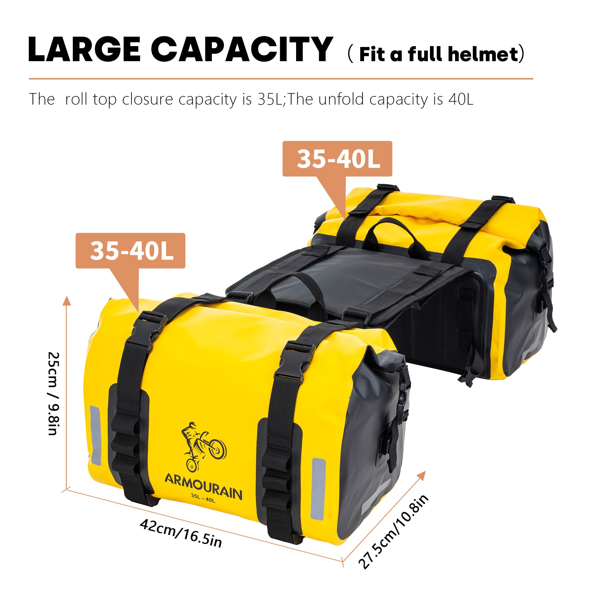 ARMOURIAN Bolsa para Sillín de Motocicleta de 70 l (35 l x 2) Bolsa para Asiento Trasero de Ciclismo para Equipo de Motocicleta (Amarillo)