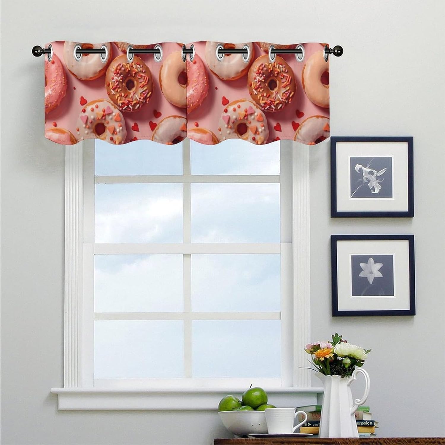 Delicious Donuts Curtain 2 Panels, Polyester Fiber, Blackout Insulated Window Curtain, Curtain Valance for Kitchen Dining Room Living Room Cafe Small Window 52 * 18.1 Inches