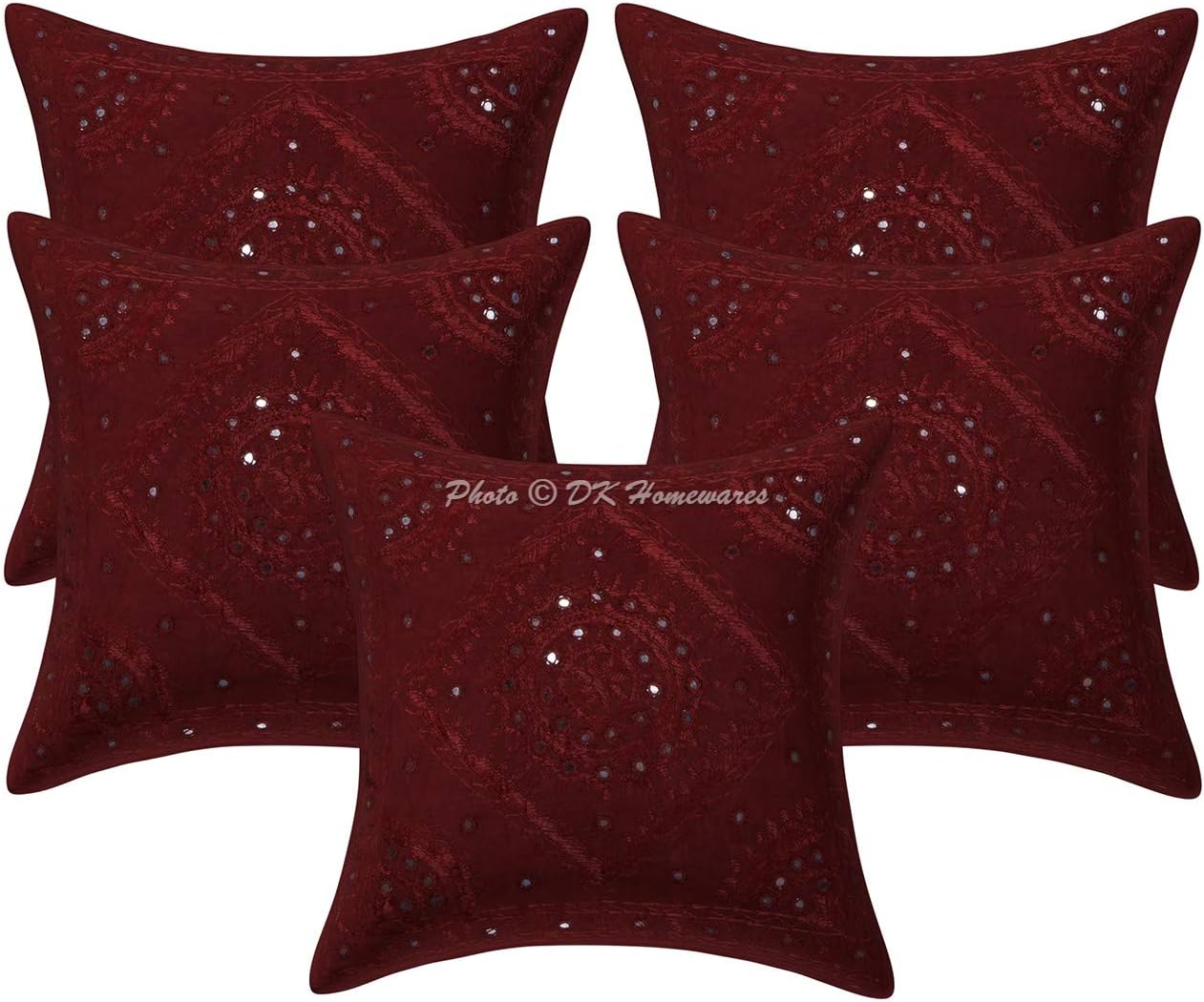 Ethnic Decorative Accent Throw Pillow Covers 16 Inch Cotton Embroidered Mirrored Boho Square Sofa Cushion Covers (Size - 40x40 cm ; Color: Maroon) - Set of 5 Pcs (Cover Only)