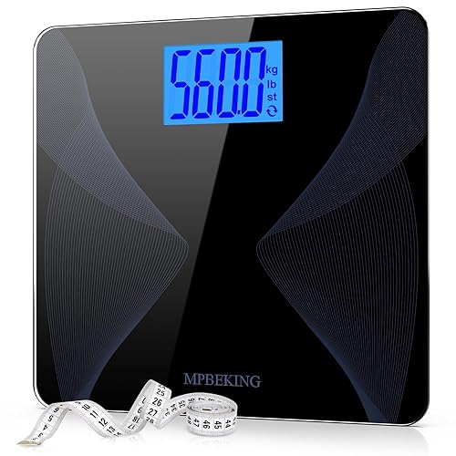 Báscula para peso corporal, 560 libras, MPBEKING de alta capacidad, báscula de pesaje precisa, pantalla LCD retroiluminada con cinta métrica y 4
