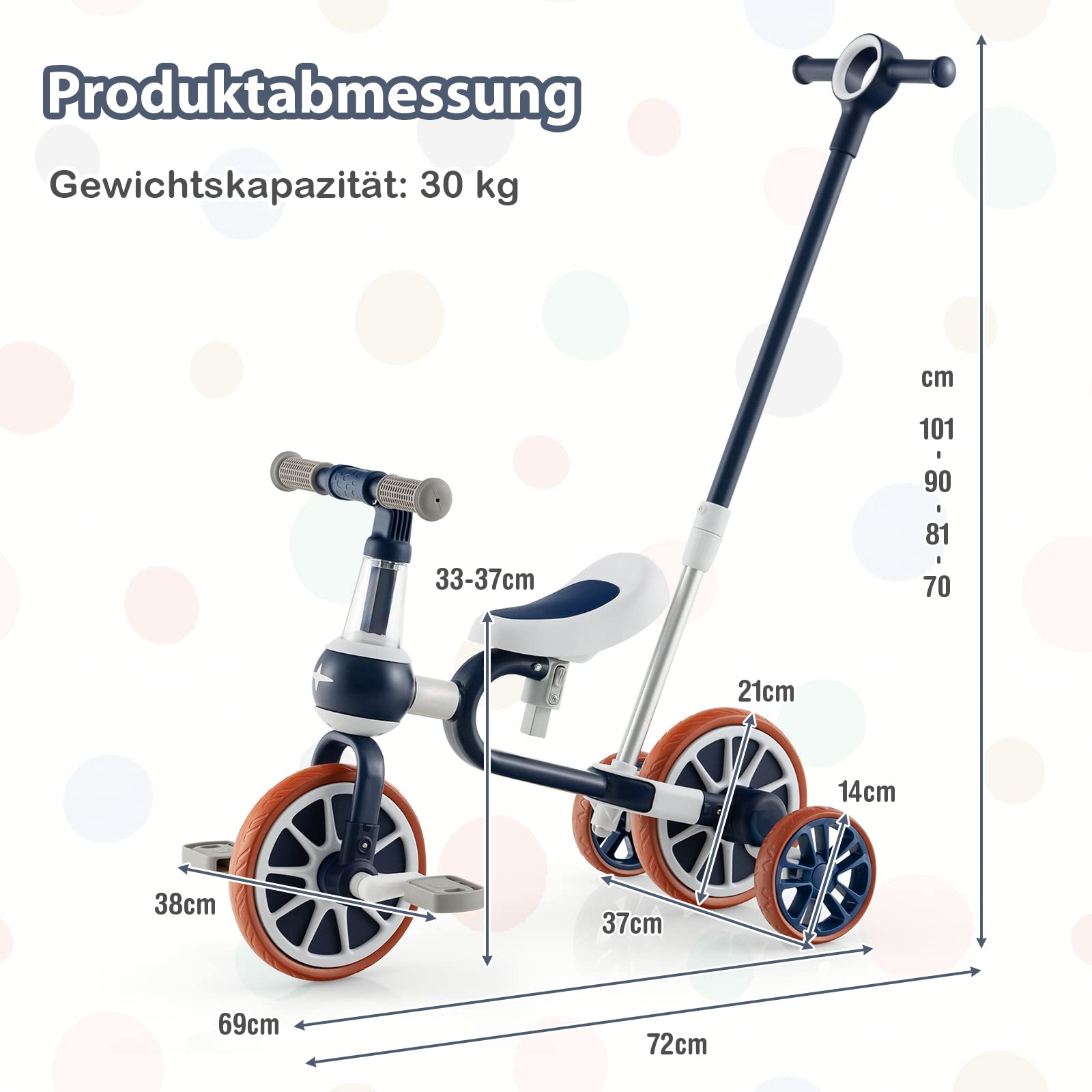 COSTWAY 4 in 1 Kinder Dreirad & Laufrad & Balance Bike & Schiebeauto mit verstellbarem Schiebegriff und abnehmbaren Pedalen,für Kinder ab 1 Jahre