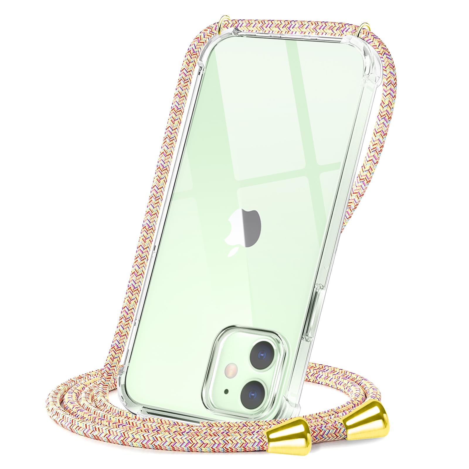 Crossbody Case for iPhone 12/12 Pro, Necklace Mobile Phone Cover with Cord Strap, Clear Transparent TPU Soft Cover Holder with Neck Cord Lanyard Strap - Rainbow