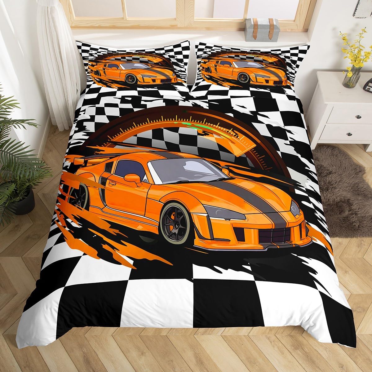 Erosebridal Orange Racing Car Bedding Set for Boys, Girls Adult Sports Car Duvet Cover Black and White Grids Print Comforter Cover Extreme Sports Car Theme Bedroom Decor with 2 Pillowcases Full