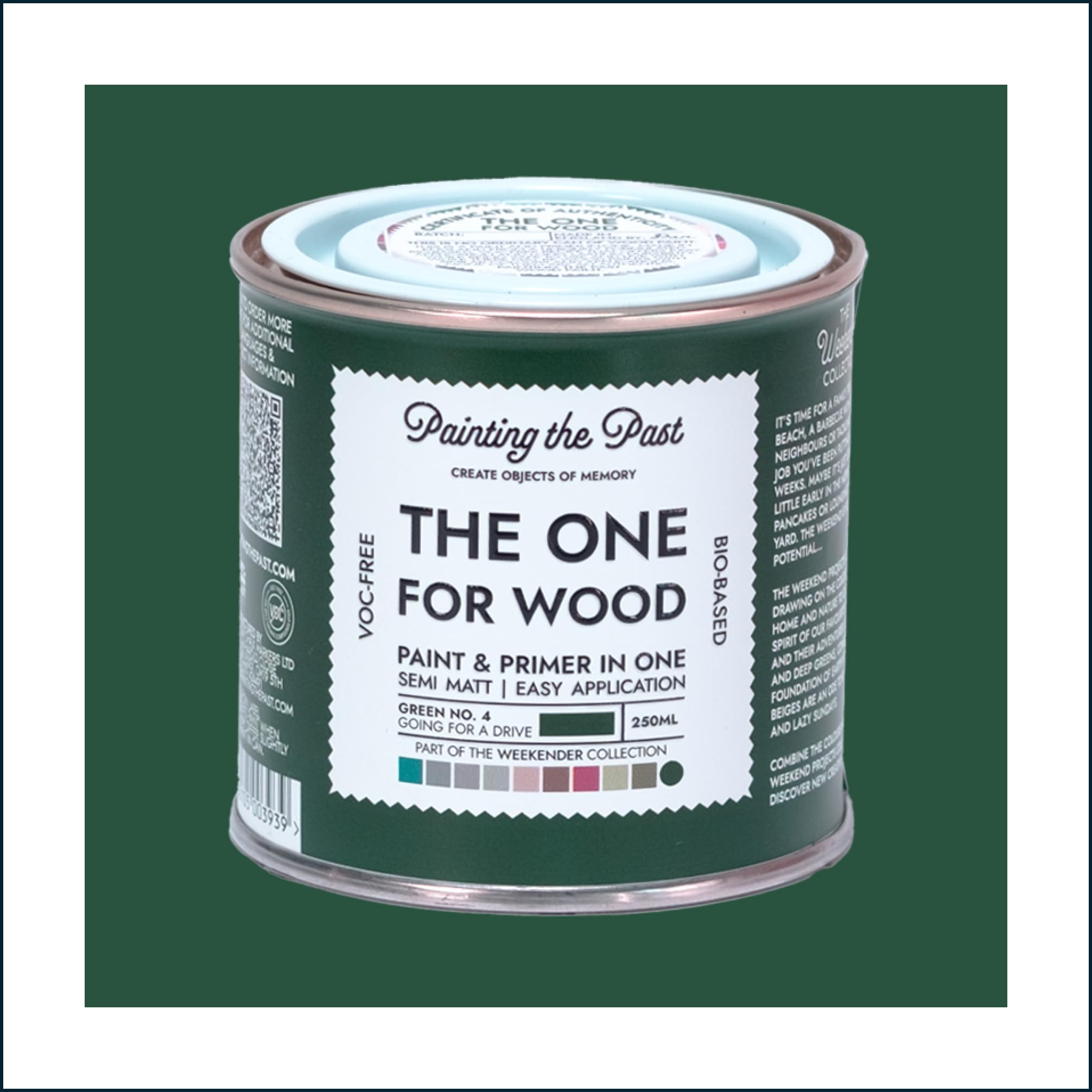 The One for Wood Paint & Primer 250ml Green No. 4 Going For A Drive | Semi Matt Finish, Bio-Based & VOC-Free Formula for Wooden Furniture & Surfaces | Durable & Easy Indoor Home Decorating