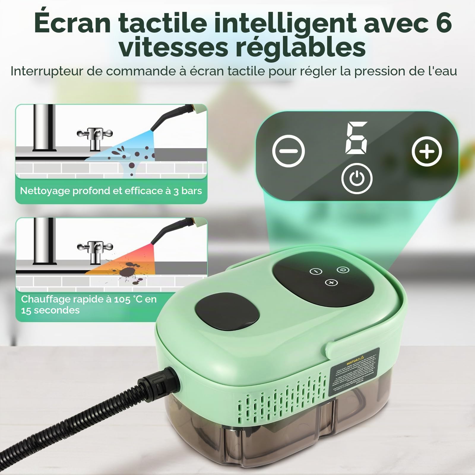 Nettoyeur vapeur portable 2500 W, 1100 ml, nettoyeur vapeur haute pression avec 3 têtes de brosse, nettoyeur vapeur manuel multifonction pour meubles de cuisine, salle de bain, voiture (nouveau vert)