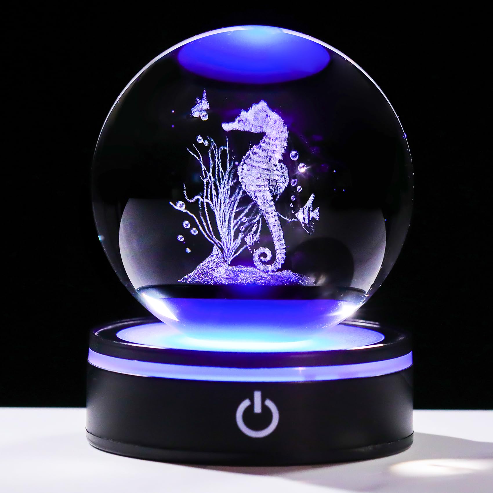 YWHL 3D Seahorse Crystal Ball Figurine with LED Base, Seahorse Gifts for Women Men on Christmas Birthday, Glass Sea Horse Decor Globe Night Light for Home Office (80mm)