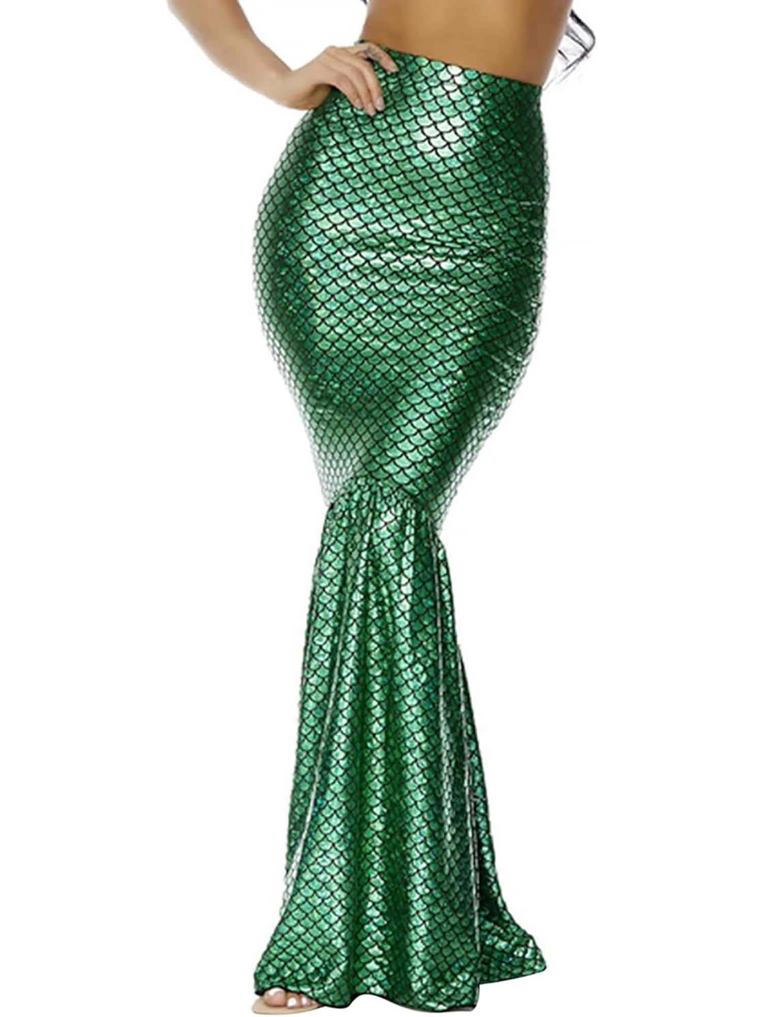 Svuitmsl Women Mermaid Skirt Fancy Metallic Sequins Long Fishtail Skirt with Asymmetric Mesh Panel Halloween Party Cosplay Costume (E-Green, M)