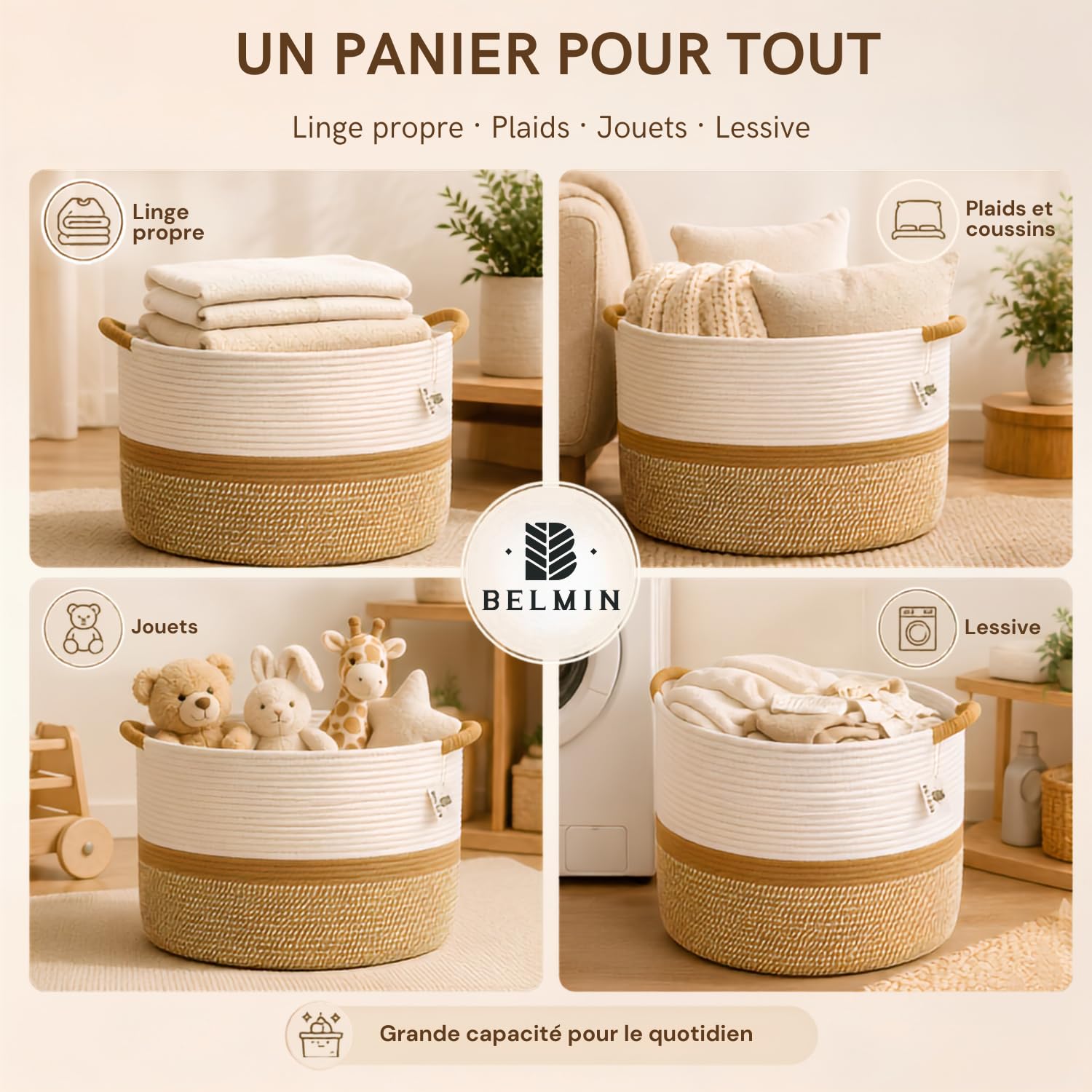BELMIN Panier a Linge XL 65L – Grand Panier Rangement avec Poignées, Ø50cm, Coffre a Jouet, Panier de Rangement pour Chambre, Salle de Bain et Laundry Basket Design