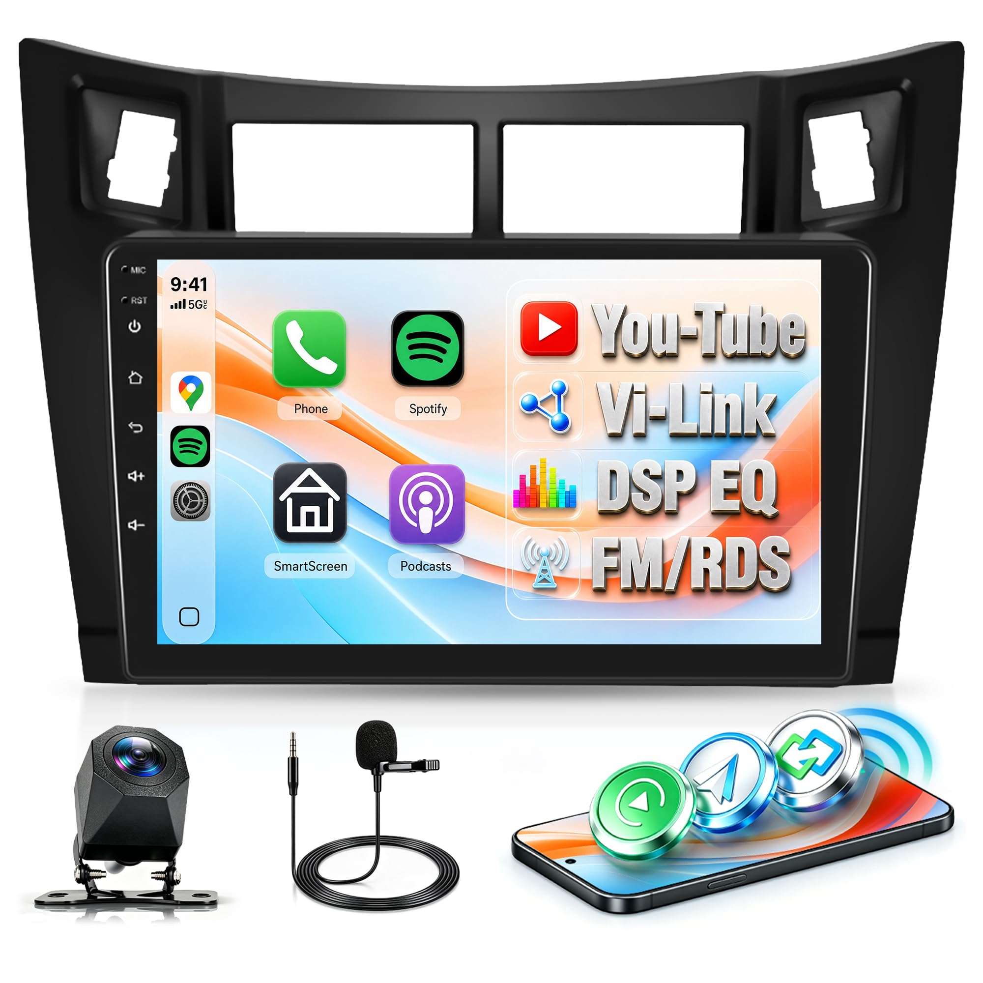 Rimoody Autoradio pour Toyota Yaris 2005-2011 sans Fil Carplay Android Auto You-Tube DSP EQ VI-Link Bluetooth FM/RDS, 9 Pouces Écran Tactile Radio avec Mirror Link USB/AUX/MIC SWC Caméra de Recul